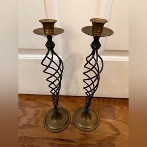 Vintage Elegant Brass and Green Spiral Candle Holders